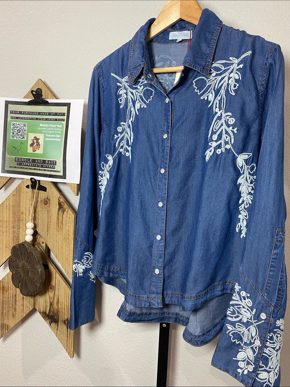 Embroidered Indigo Button-Front Shirt 22ptp 23-25 L sz L 💯%tencel - Picture 5 of 8